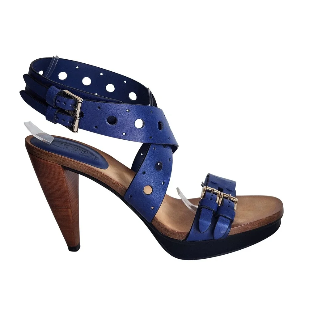 Tod's Blue Leather Perforated Buckle Platform Sandals Heels 37.5 Made in Italy